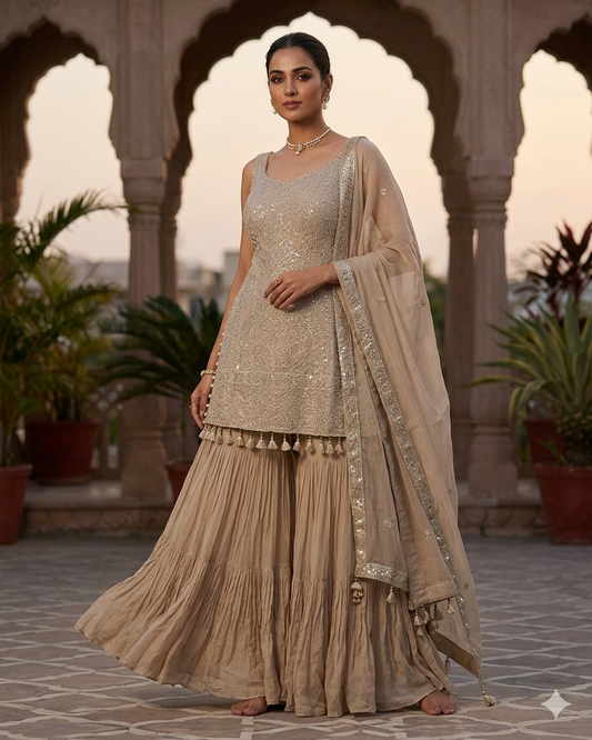 UK 12 / 38" - Beige - Designer Ladies Indian Medium Top Palazzo Trousers Suit - UK Stock - 2/3 days delivery - VMK CHARMI RP