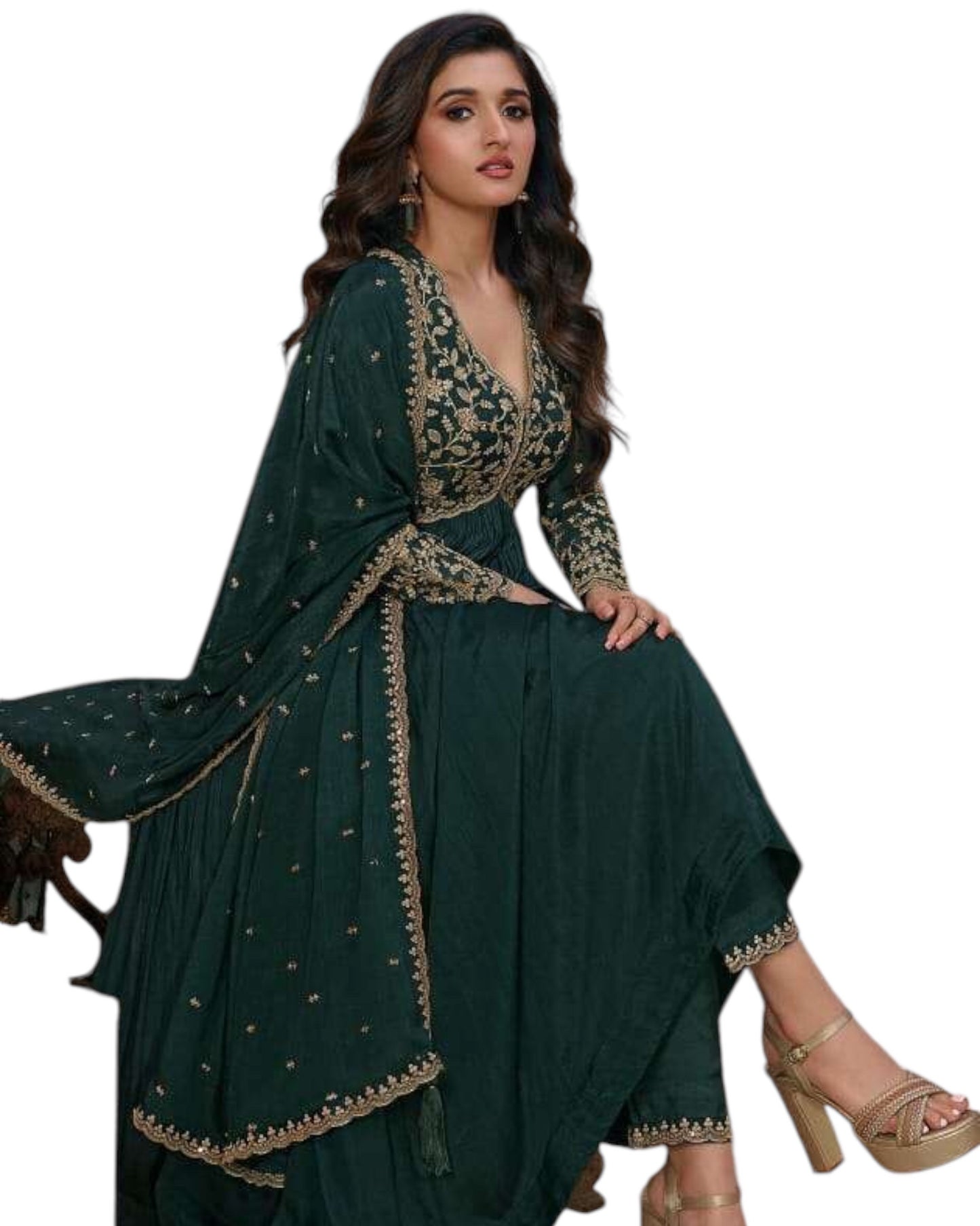 Chiffon - Teal Anarakali Long Dress with Trousers - Size 14 (Bust 40") - Inside Margin to let out ( 3 to 4")VF66573 TY 1024