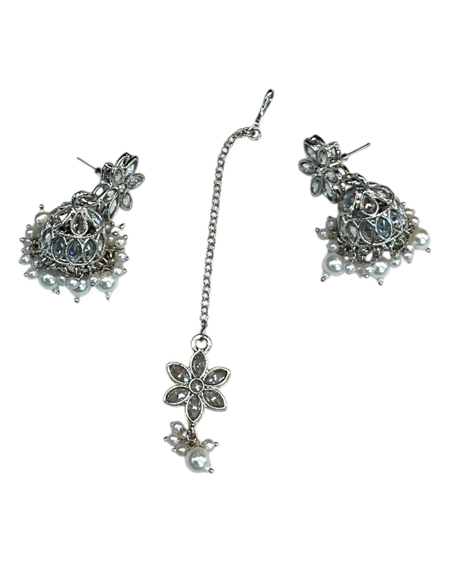 Clear / White - Medium Size Silver Finish Long Necklace Set with Earrings - RAK411 H 0525