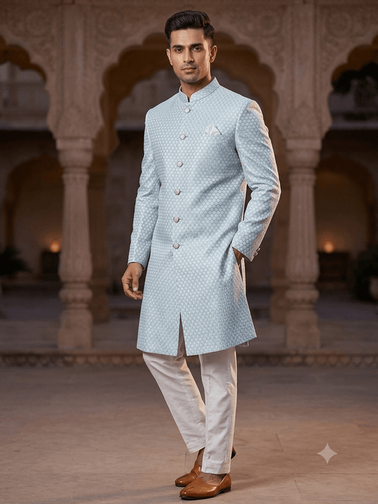 40" - SALE ! - Light Blue - Classic Rich Brocade Mens Sherwani - Smart Trousers - UK stock - 2/3 Days Delivery - YD2351 03JR232 - Prachy Creations
