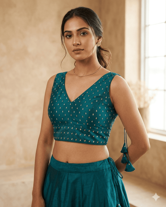 40" / UK 14 - Turquoise Blue - Silky Designer Saree blouse with cups, Sleeveless - UK Stock - Quick Delivery - RNK - R717 KV - Prachy Creations
