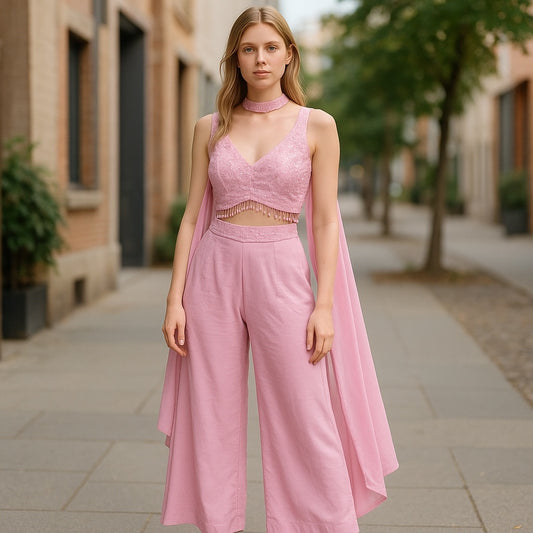 Baby Pink - Designer Ladies Short Top Palazzo Trousers Suit - Size 12 (38") - VMK BADAL PY