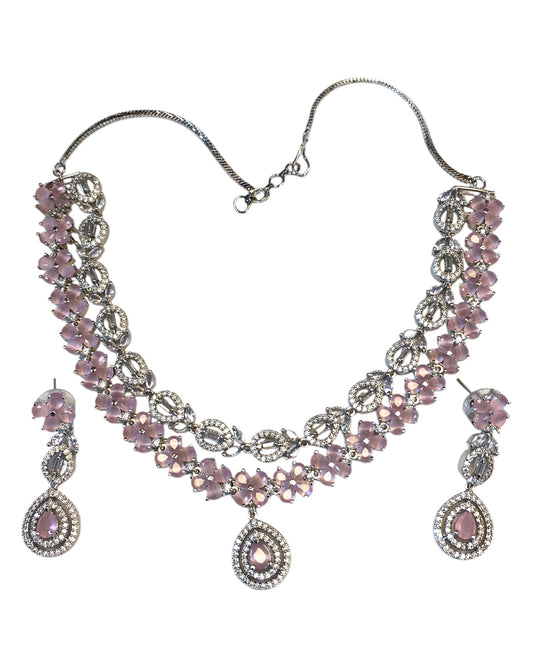 Pink - American Diamond Style Silver Finish Medium Size Necklace Set with Earrings - AE2427 11KT24