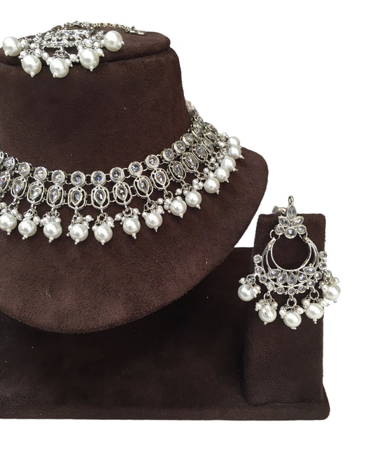 Clear - Large Size Silver Finish Necklace Set with Earrings - VJY403 C 0424
