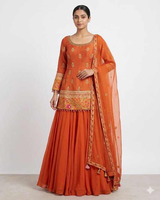 UK 10 / 36" - Orange - Designer Ladies Sharara / Palazzo Trousers Suit - UK Stock - Sangeet / Henna / Weddings - VMK Suriya 04RY26