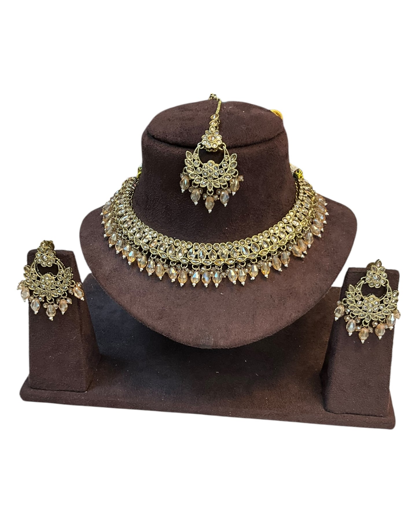 Clear - Medium Size Antique Gold Finish Necklace Set with Earrings - RZ31 KYp