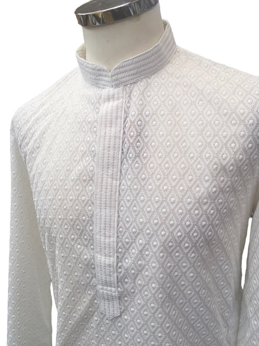 White - Lucknowi Cotton Men's Rich Kurta Set with Straight Pants -  Indica KH 0324