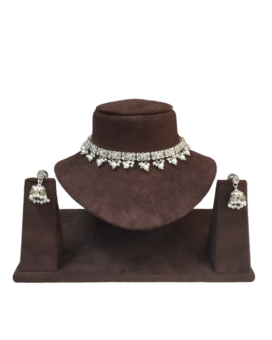 Clear - Small Size Silver Finish Necklace Set with Earrings - VJY402  A 0424