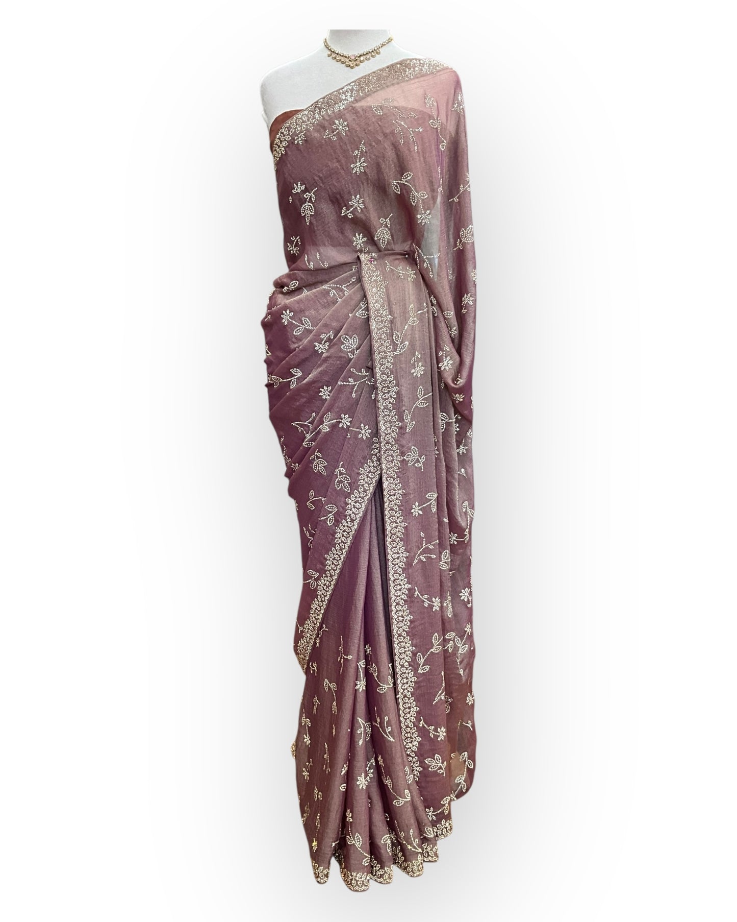 Dusty Pink - Chiffon Crepe - Party Wear Embroidered Saree with Blouse Piece - SP2504004 PY