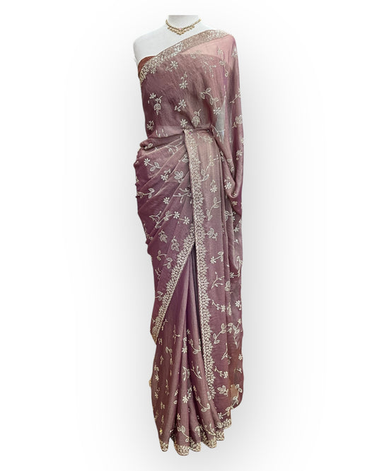 Dusty Pink - Chiffon Crepe - Party Wear Embroidered Saree with Blouse Piece - SP2504004 PY