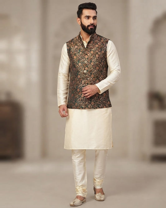 Bottle Green - Premium Banarasi Handloom Brocade - Mens Indian Waistcoat - UK Stock - 24 hr Dispatch - VNS2603 03KP26