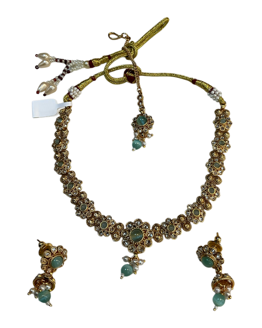 Sea Green - Medium Size Gold Finish Necklace Set with Earrings & Head Piece - SLV90 04Cp26