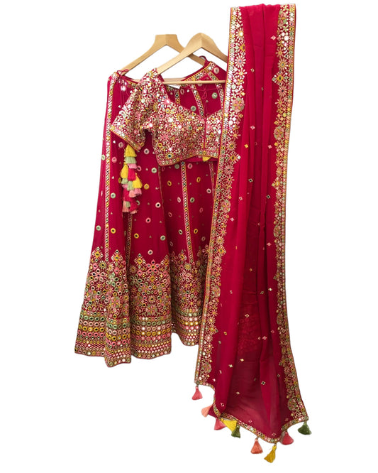 Fuchsia Pink - Mirror Work Chiffon Designer Lehenga Set - UK Stock - 24h Dispatch - JaiLaxmi KYY 0124