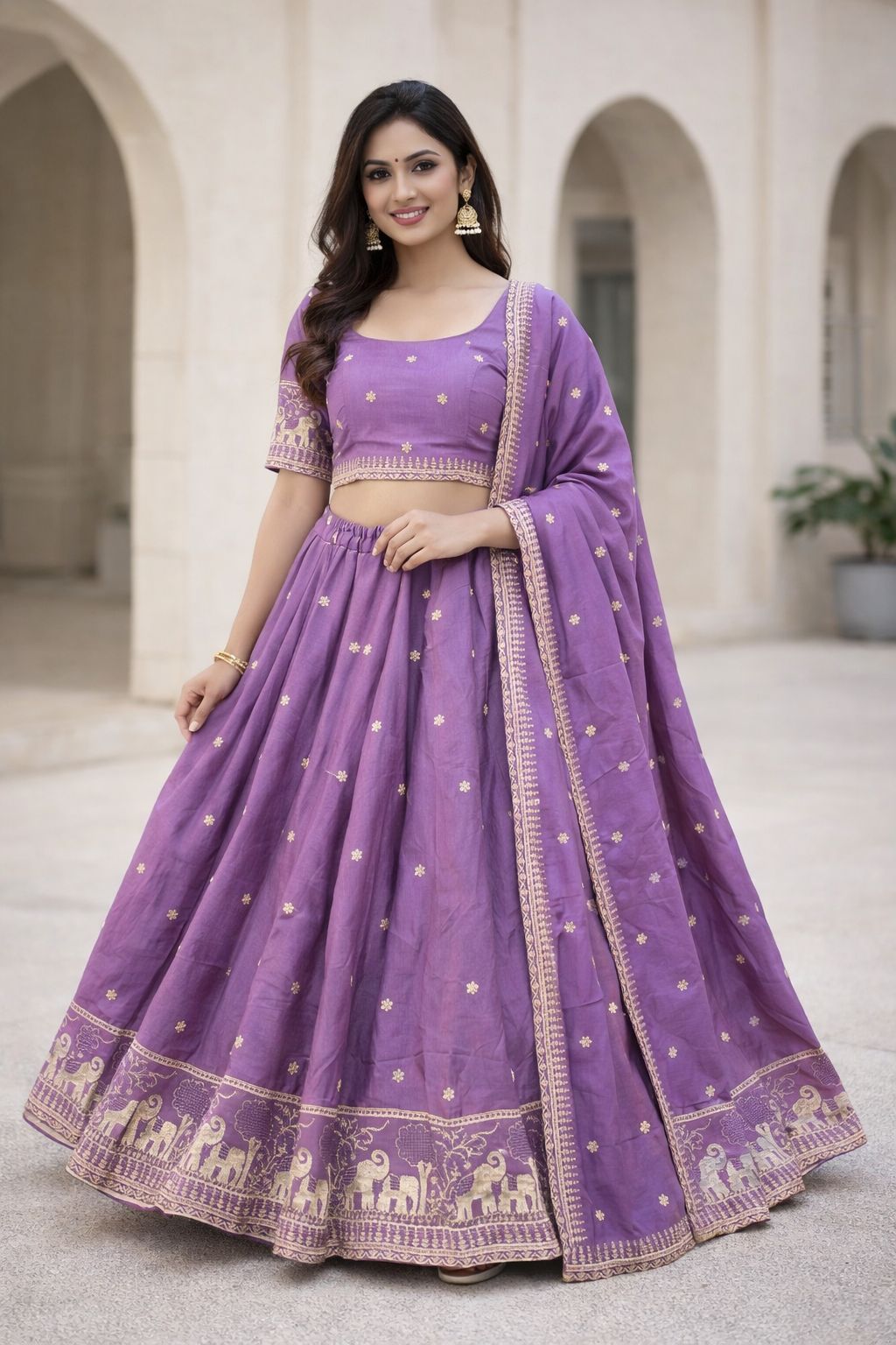 Purple - Dupion Silk Lehenga Set - Garba / Dandia , Mehndi / Sangeet / Weddings - Size UK 12 (38" Bust) Adjustable to Size 14 - UK Stock - 24h Dispatch - AF2603 02TY26