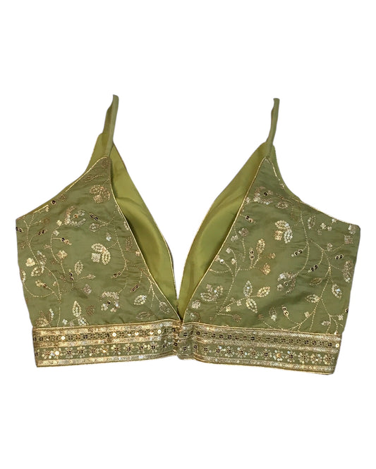 Pista Green - Low V Neck Embroidered Saree / Lehenga Blouse - 34" Bust (UK 8) Can be let out to size 10 - B216 01KV25