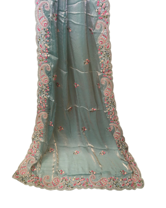 Grey - Pastel Sequins Silky Saree with Blouse Piece - MF3793 TP 0824