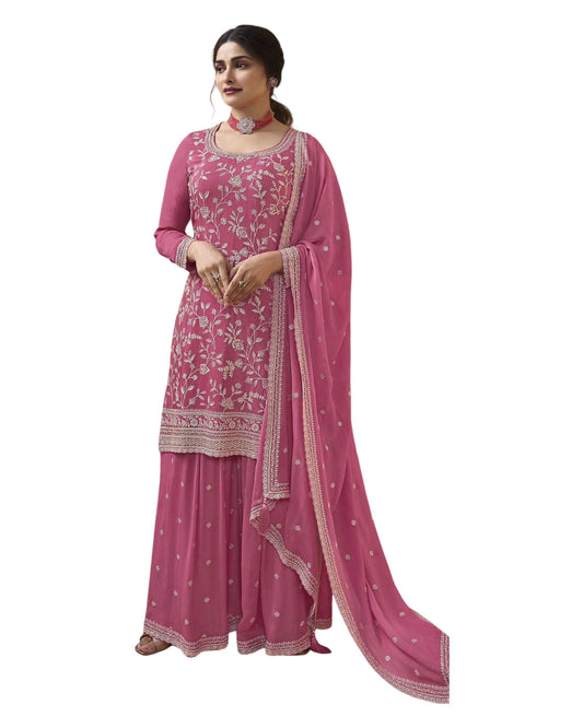 Pink - Simple / Classy Ladies Indian Palazzo Trousers Suit with Printed Dupatta - Size 16 (42") - VF66841 TK1024