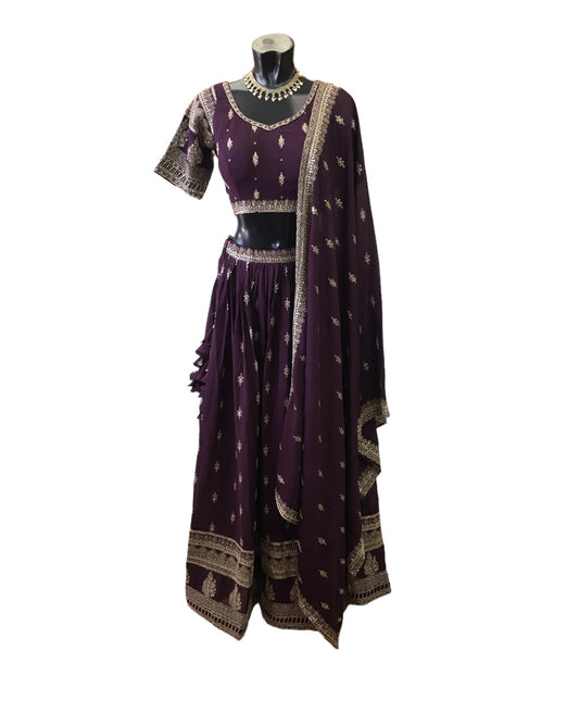 Wine - Soft Crepe Lehenga Set - Size 12(38") Expandable to size 16 - UK Stock - 24h Dispatch - SWA2405 JA 0424