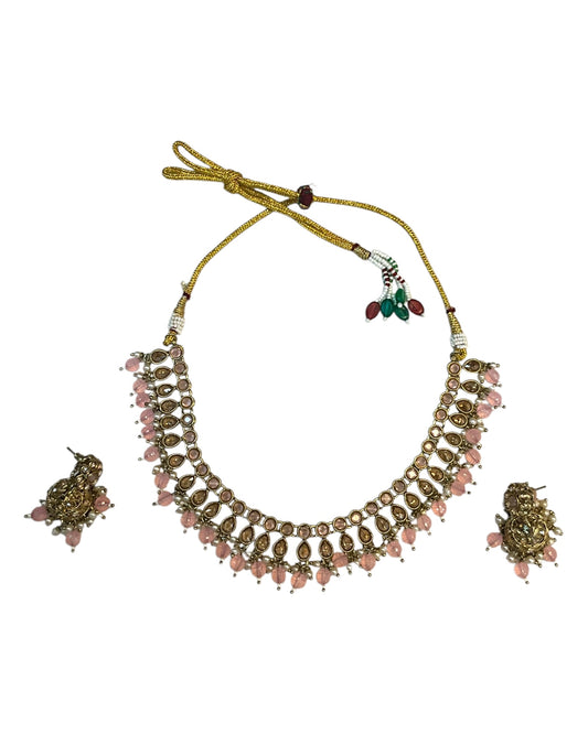 Pink - Medium Size Antique Gold Finish Necklace Set with Earrings - RAK381 Rp