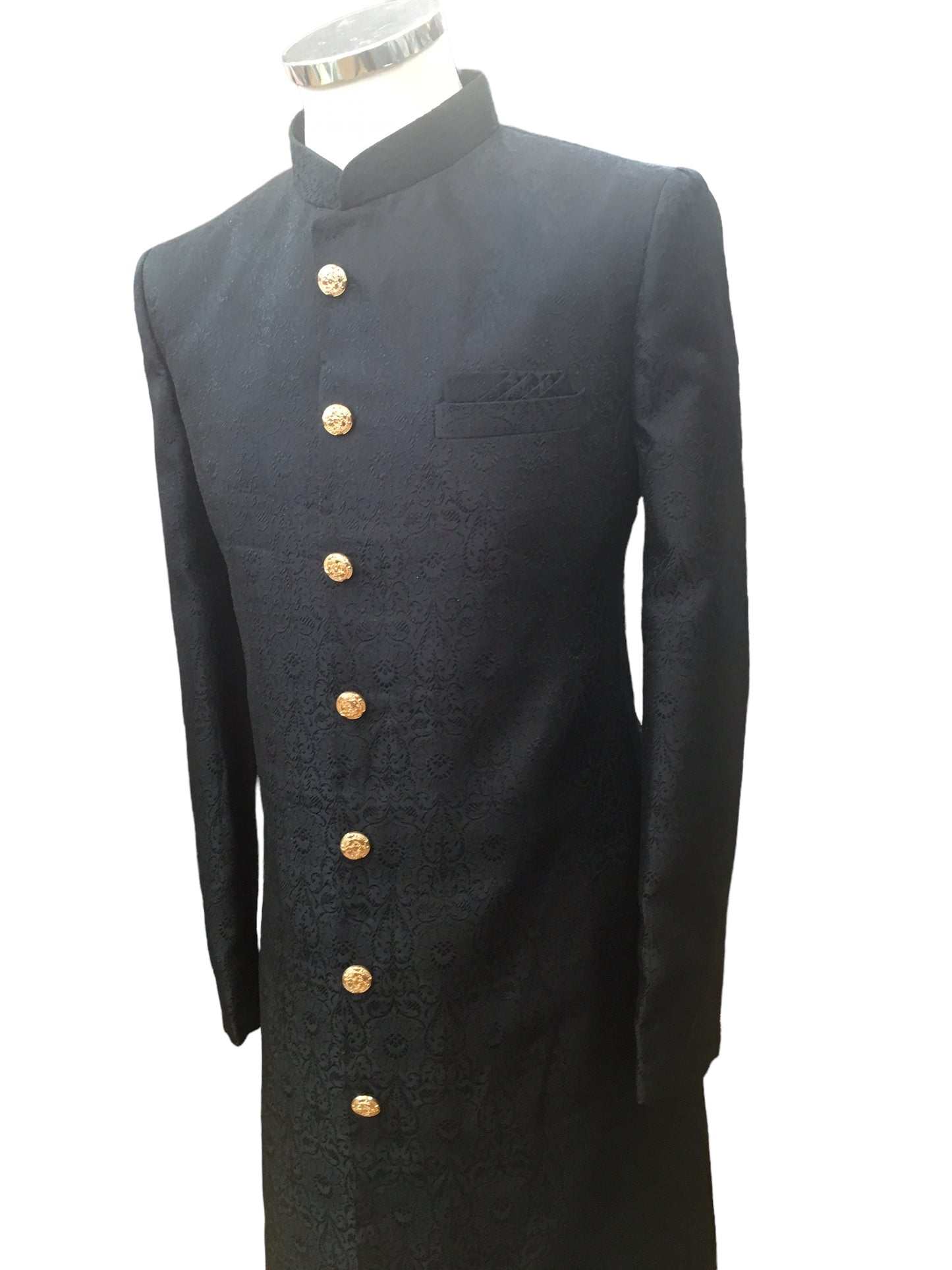 Black - Classic Self Brocade Sherwani with Gold Buttons - BS786 JP 0823