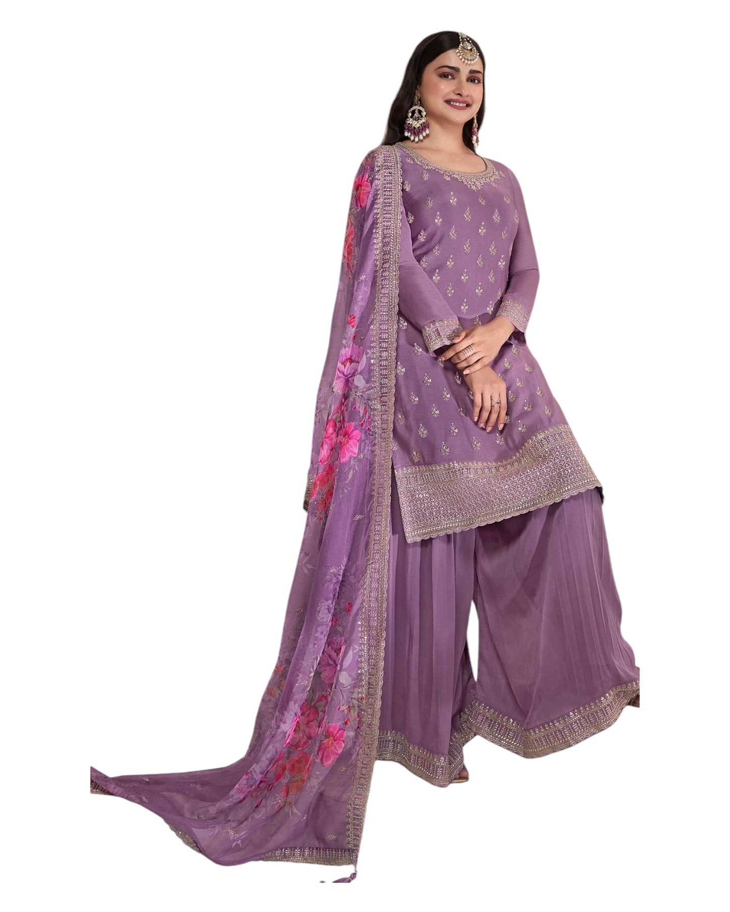 Lilac - Simple / Classy Ladies Indian Palazzo Trousers Suit with Rich Dupatta - Size 20 (46") - VF67836 TK1024