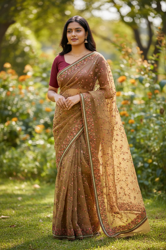 Golden / Mustard - Classic Saree with Thread Work and Blouse Piece - UK stock - 24hr Dispatch - RS2513 TA