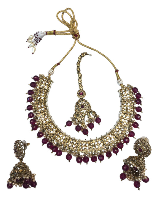 Fuchsia Magenta Pink - Large Size Antique Gold Finish Necklace Set with Earrings - JIG49 11H24