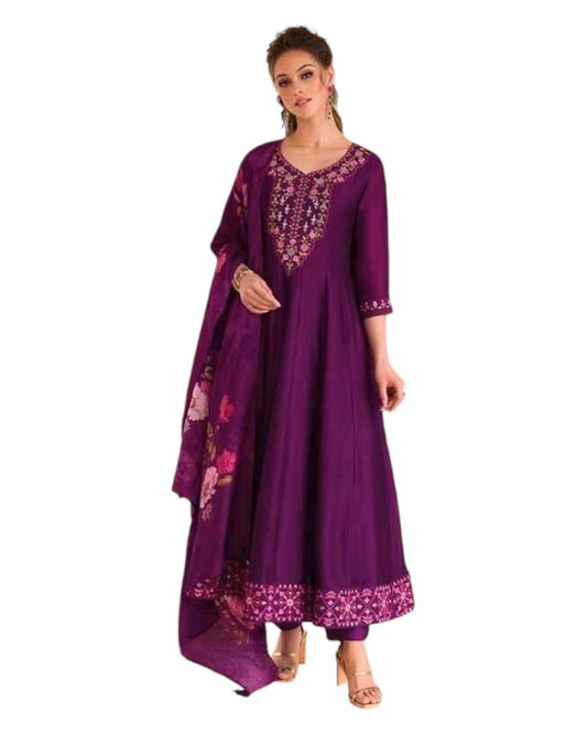Purple / Wine - Simple / Classy Ladies Indian Trousers Suit with Printed Dupatta - Size 12 (38") - LL22602 VV 1024