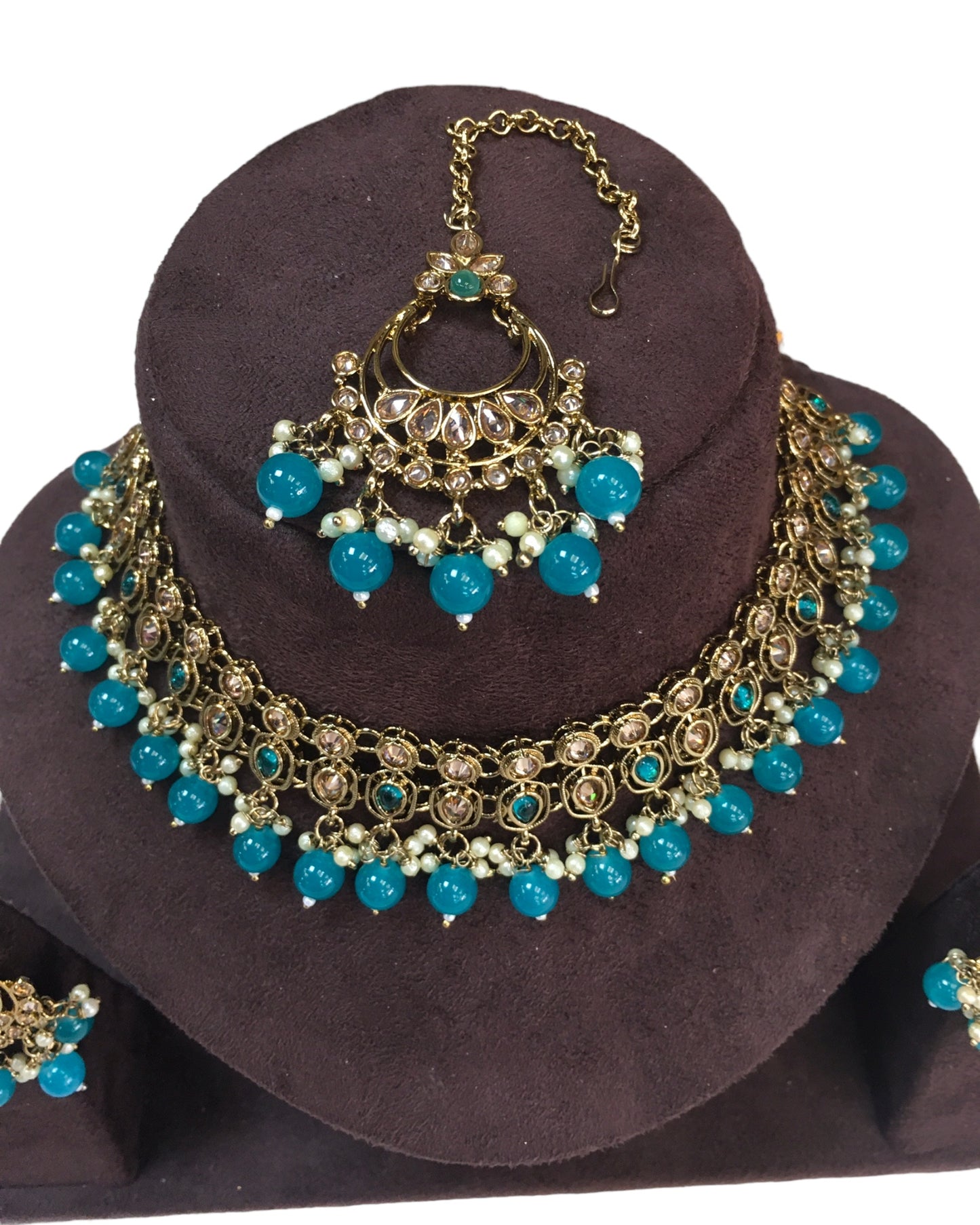 Turquoise Blue - Large Size Antique Gold Finish Necklace Set with Earrings - VJY403 C 0424