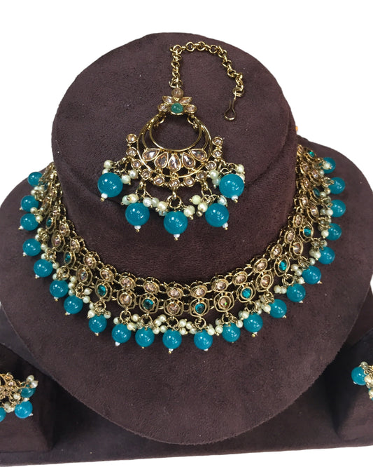 Turquoise Blue - Large Size Antique Gold Finish Necklace Set with Earrings - VJY403 C 0424
