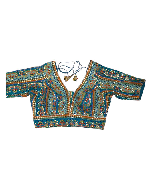 Turquoise - Tie / Dye Printed Crepe Saree / Lehenga blouse - 40" Bust (UK 14) Can be let out to size 16 - B209 01KP25