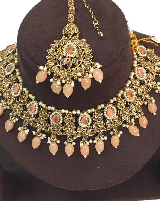 Peach - Large Size Antique Gold Finish Necklace Set with Earrings - VJY501 KYp 0424