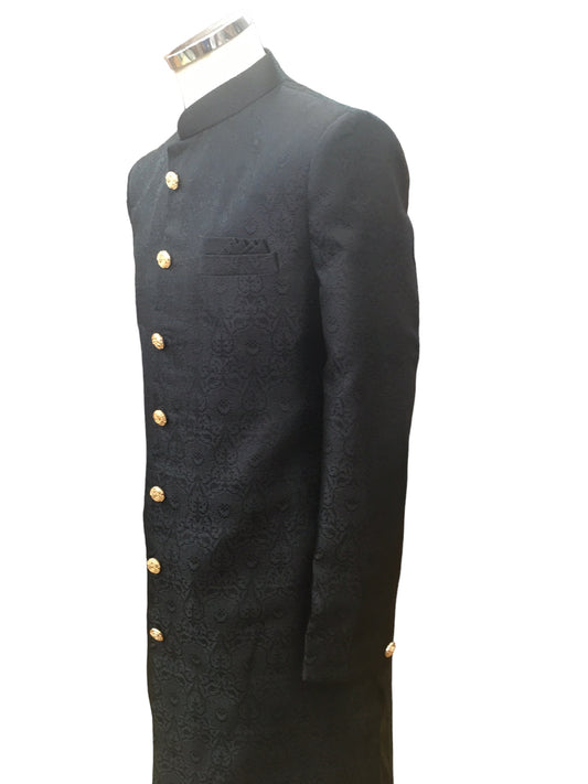 Black - Classic Self Brocade Sherwani with Gold Buttons - BS786 JP 0823