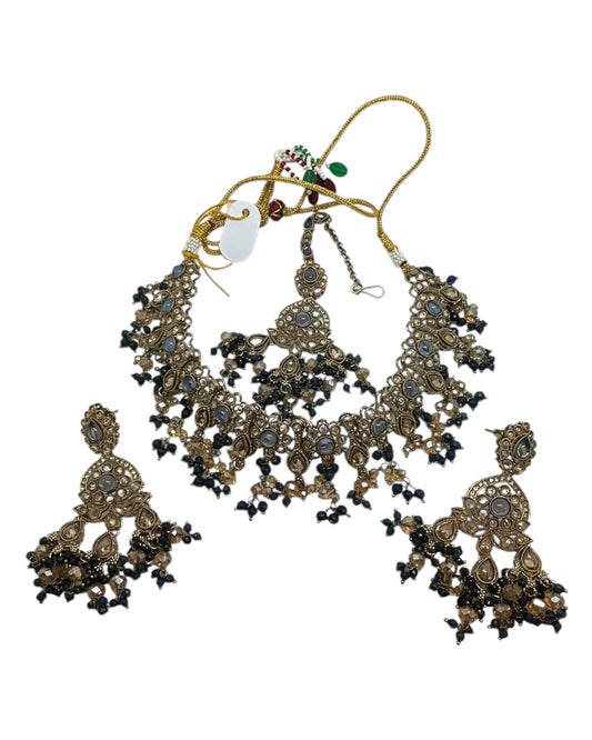 Blue - Large Size Antique Gold Finish Necklace Set with Earrings & Head Piece - Bollywood - AE2513 08KK25