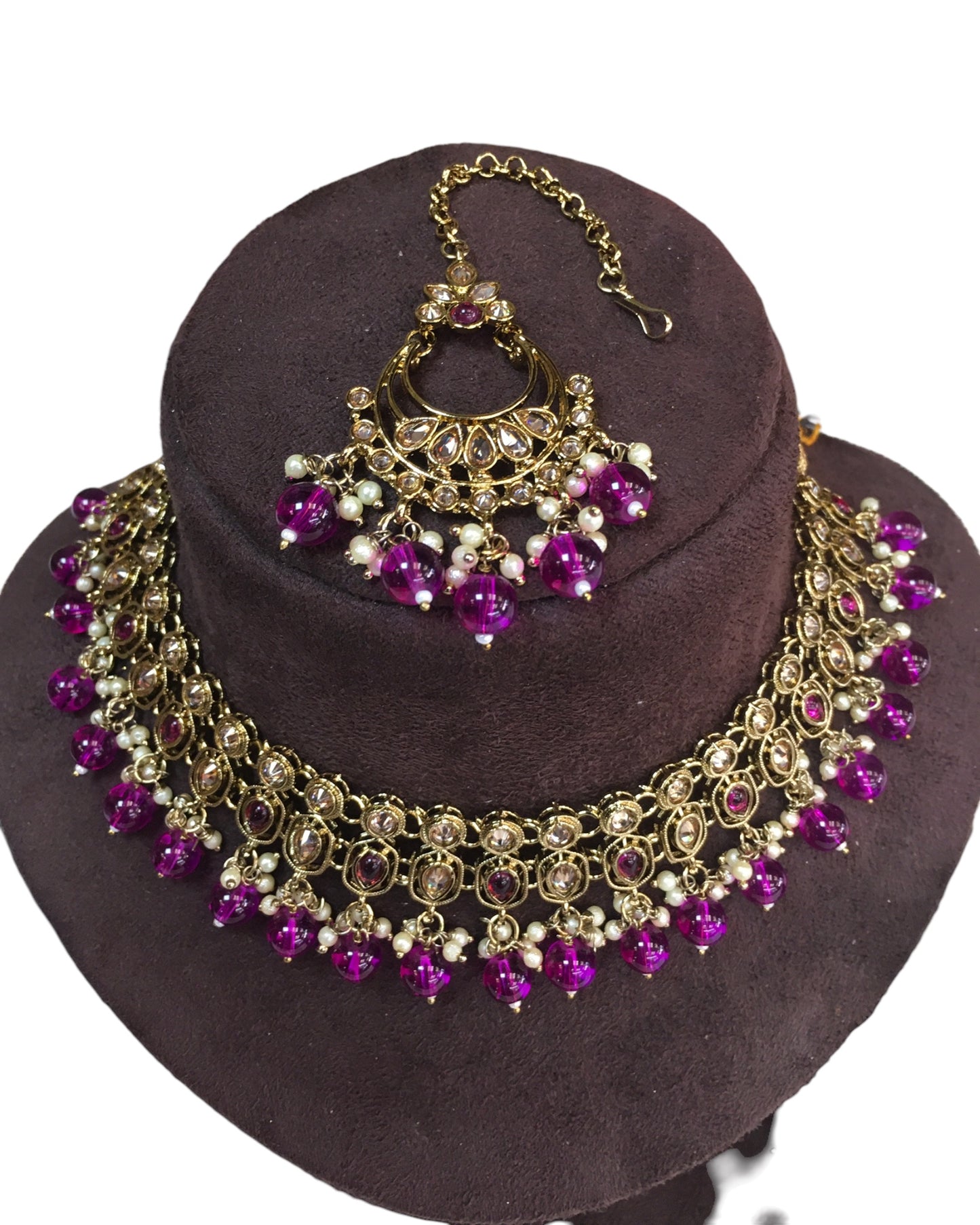 Magenta - Large Size Antique Gold Finish Necklace Set with Earrings - VJY403 C 0424