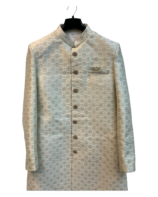 Cream - Classic Banarasi Handloom Gold Brocade Sherwani with Gold Buttons - UK Stock - BS789 08JC25