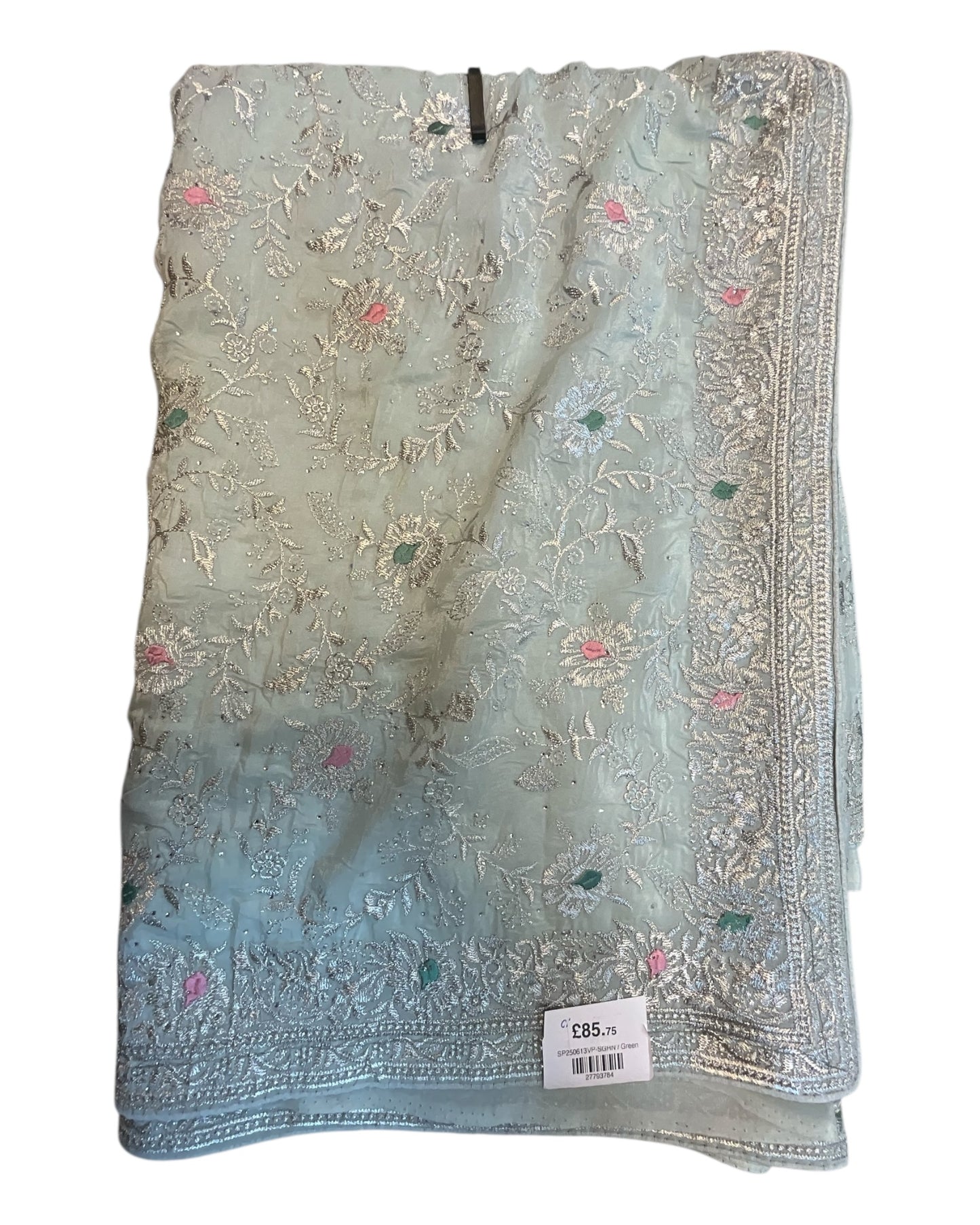Pastel Sea Green - Fancy Embroidered Saree with Blouse Piece - UK stock - 24hr Dispatch - SP250613 VP