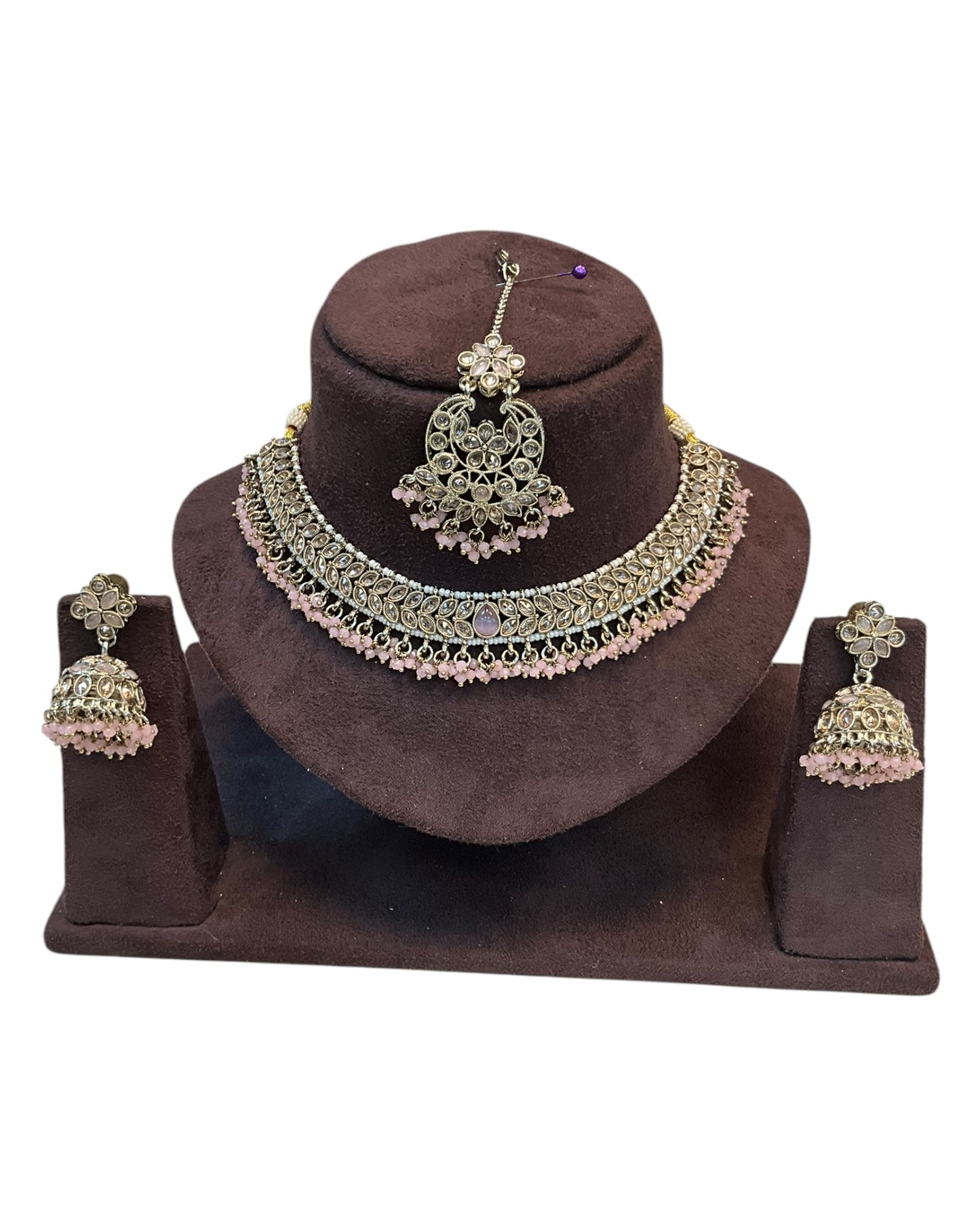 Baby Pink - Medium Size Antique Gold Finish Necklace Set with Earrings & Tika Head piece - GGA05 KV 0525