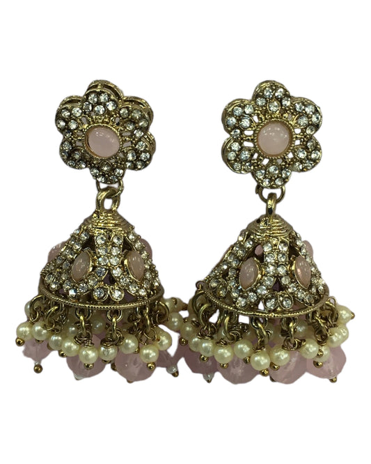 Pink - Medium - Antique Finish Traditional Zhumki Earrings - Bollywood - Weddings - CH535 V 0724