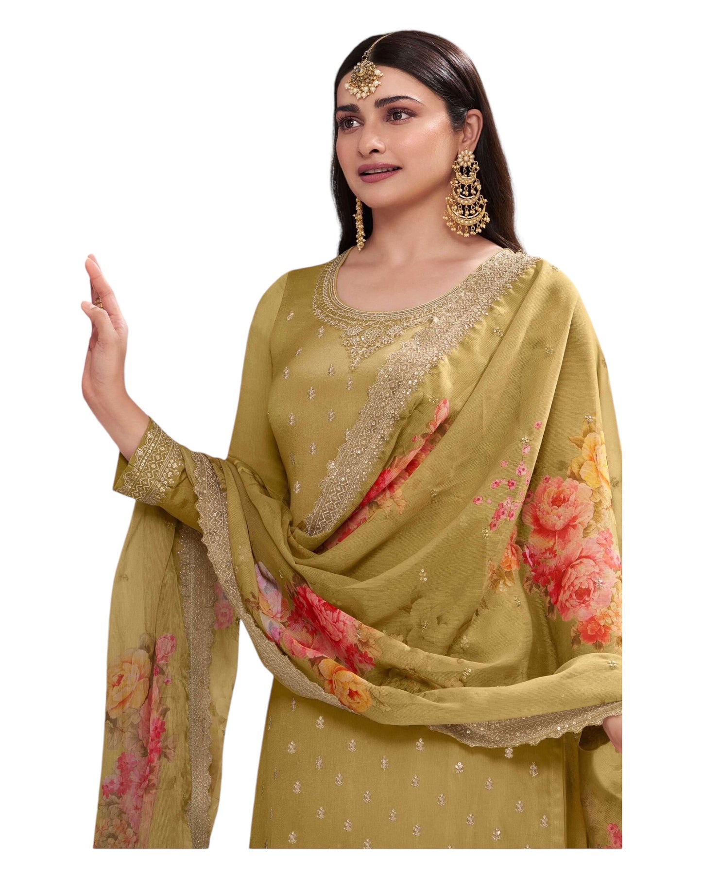 Beige - Simple / Classy Ladies Indian Palazzo Trousers Suit with Printed Dupatta - Size 14 (40") - VF67832 TK1024