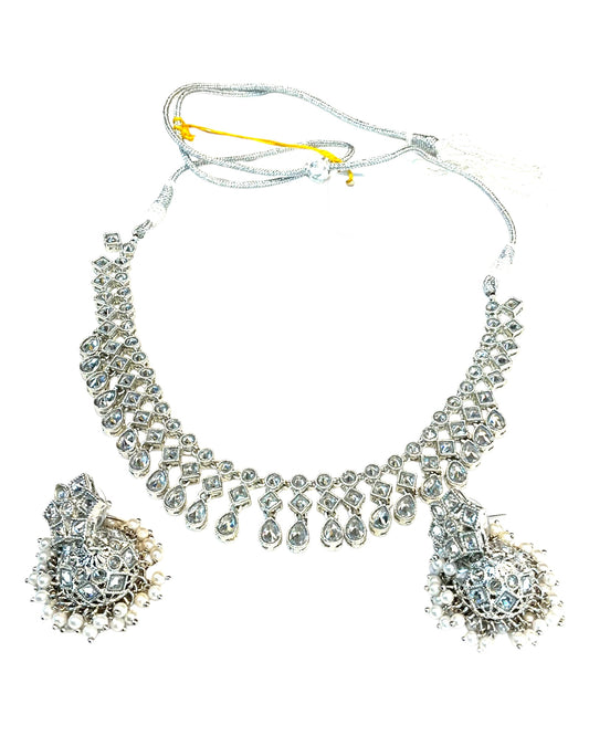 Silver / Clear - Medium Size Silver Finish Necklace Set with Earrings - SJ06 08H25