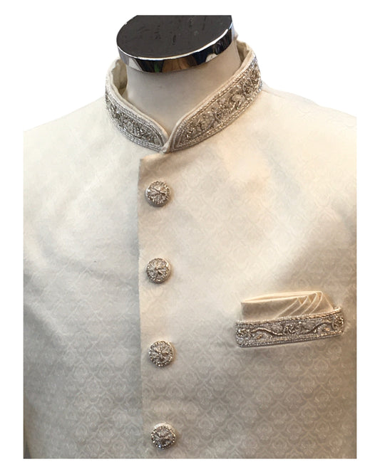 Cream - Rich Banarasi Brocade Sherwani with Zardosi Hand Embroidery - BS978 01KYV25