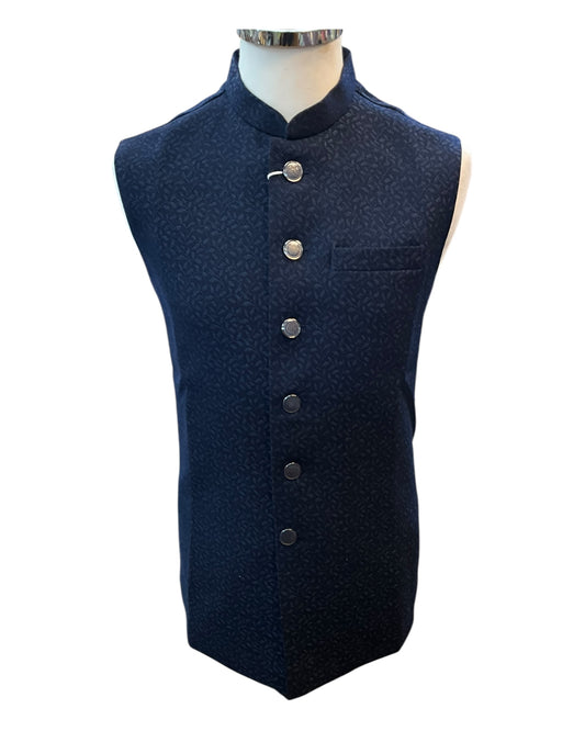 Navy Blue - Self Brocade - Premium Suede Feel Mens Indian Waistcoat - UK Stock - 24 hr Dispatch - VNS-JKT697/30 10KP25