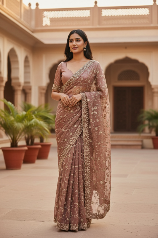 Coral Pink - Rich Bridal Saree with Allover Embroidery and Blouse Piece - UK stock - 24hr Dispatch - RS2519 JT