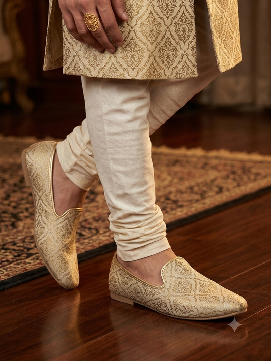 Very Comfortable Dark Gold Brocade Loafer Style Mojri - Indian Mens shoes - Mojari , Khossay - YD2602
