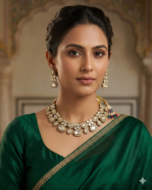 Clear / Neutral - Medium Size Antique Gold Finish Choki Necklace Set with Earrings - Bollywood - AVON-KU06 08VV25