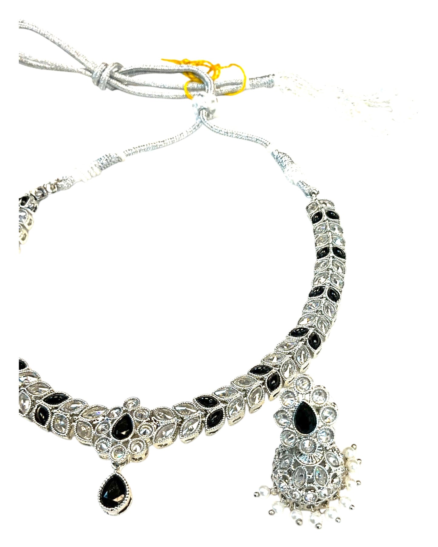 Black - Small Size Silver Finish Necklace Set with Earrings - SJ05 08C25