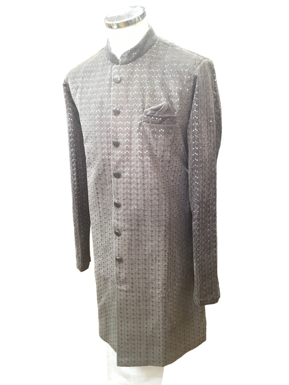 Bullet Grey with Self Sequins Fully Embroidered Soft Sherwani Set - UK Stock - 24h Dispatch - Spark20 JY 0324