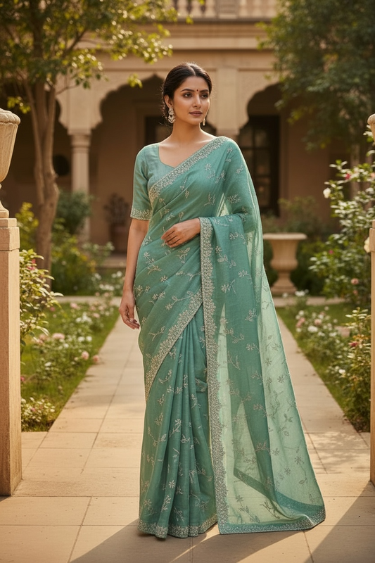 Sea Green - Fancy Embroidered Saree with Blouse Piece - UK stock - 24hr Dispatch - SP250627 TV
