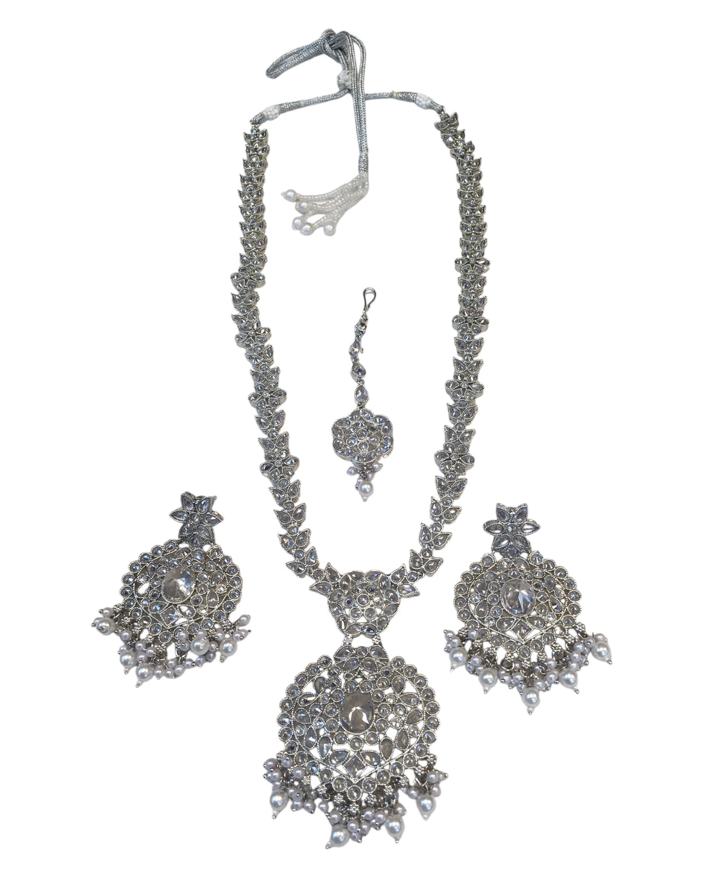 Silver & Pearls - Silver Finish Long Necklace set - Bollywood - Weddings - KAJ1047 11KA24